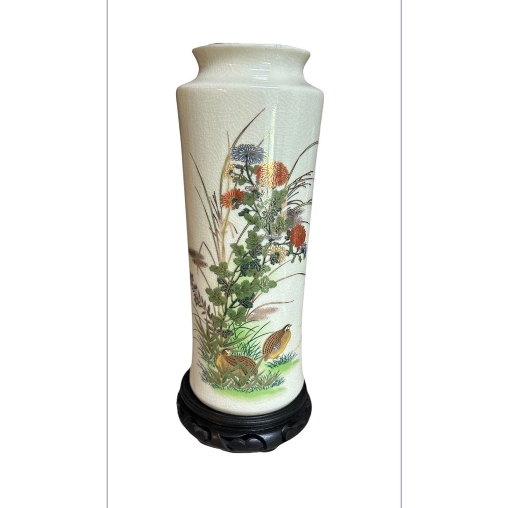 Vintage 0tagirii Japan Vase Wooden Stand 12” Tall Quail Birds Countryside
